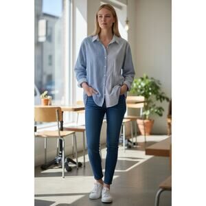 Chico’s Blue White Striped Button-Down Shirt Size 3 (XL) (16) Classic Casual